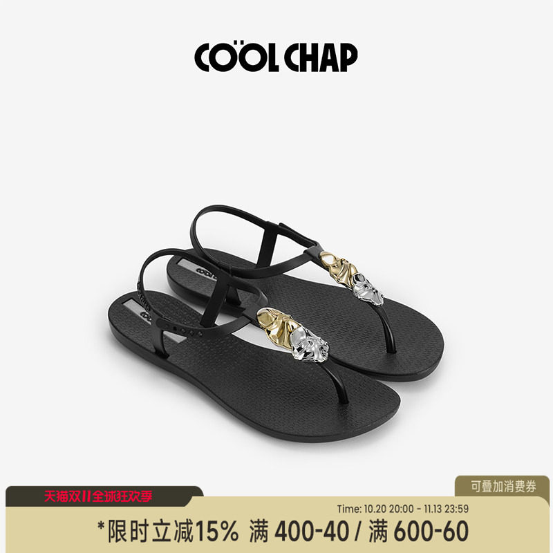 COOLCHAP加密印章系列凉鞋女海边夏季平底法式沙滩鞋夹脚凉拖鞋