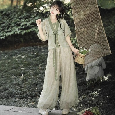 原创汉服女【清清】唐褙子短衫吊带改良灯笼裤日常通勤套装春夏款