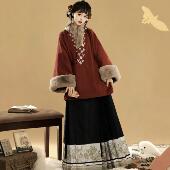 原创汉服女 冬款 秋意浓 明制加绒对交穿直领短袄马面裙日常套装
