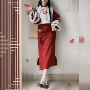 原创汉服女【暖暖】国风改良新中式刺绣马甲旗袍日常套装秋冬季款