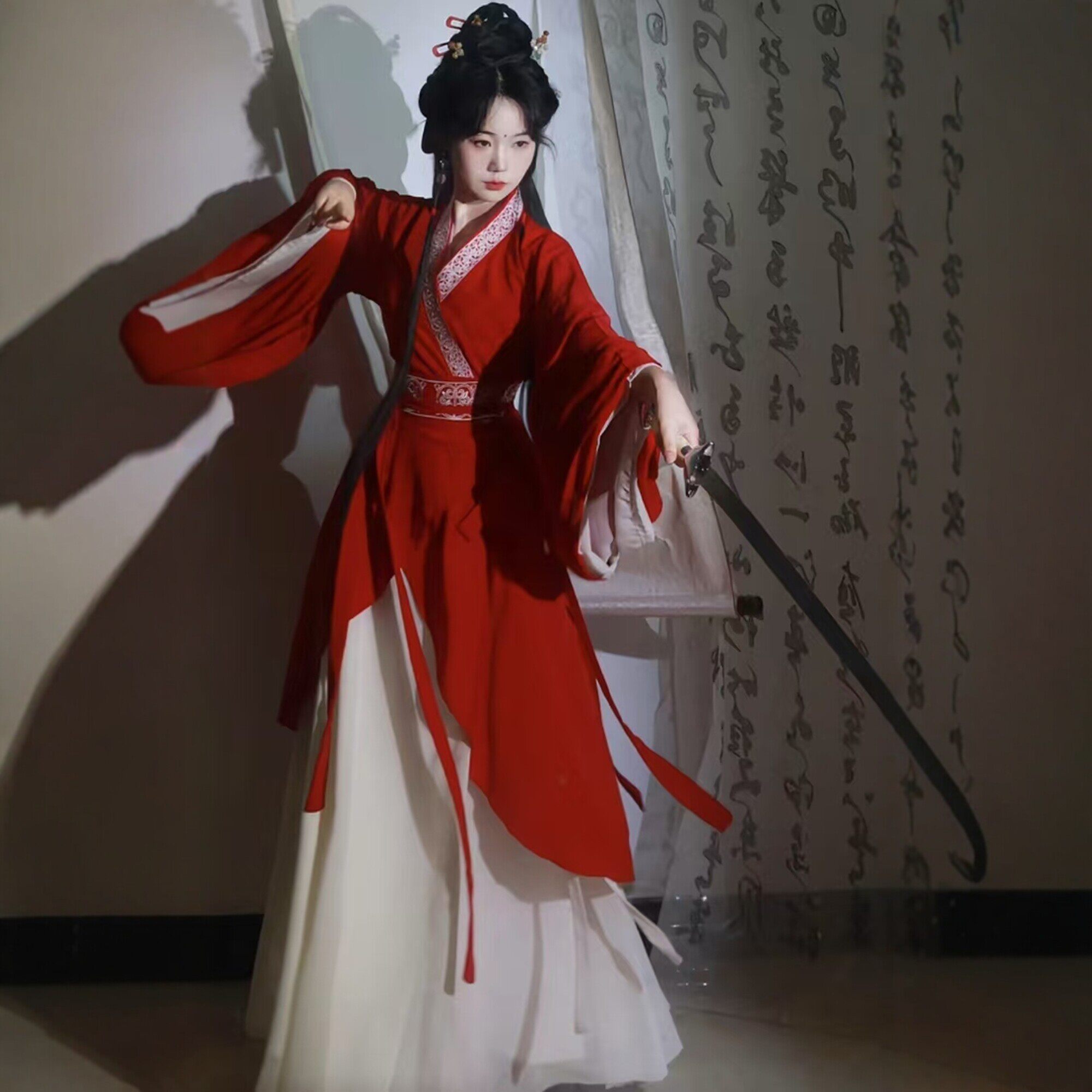 原创汉服女【朱砂痣】魏晋风南北朝交领大袖齐腰破裙红色成人古装