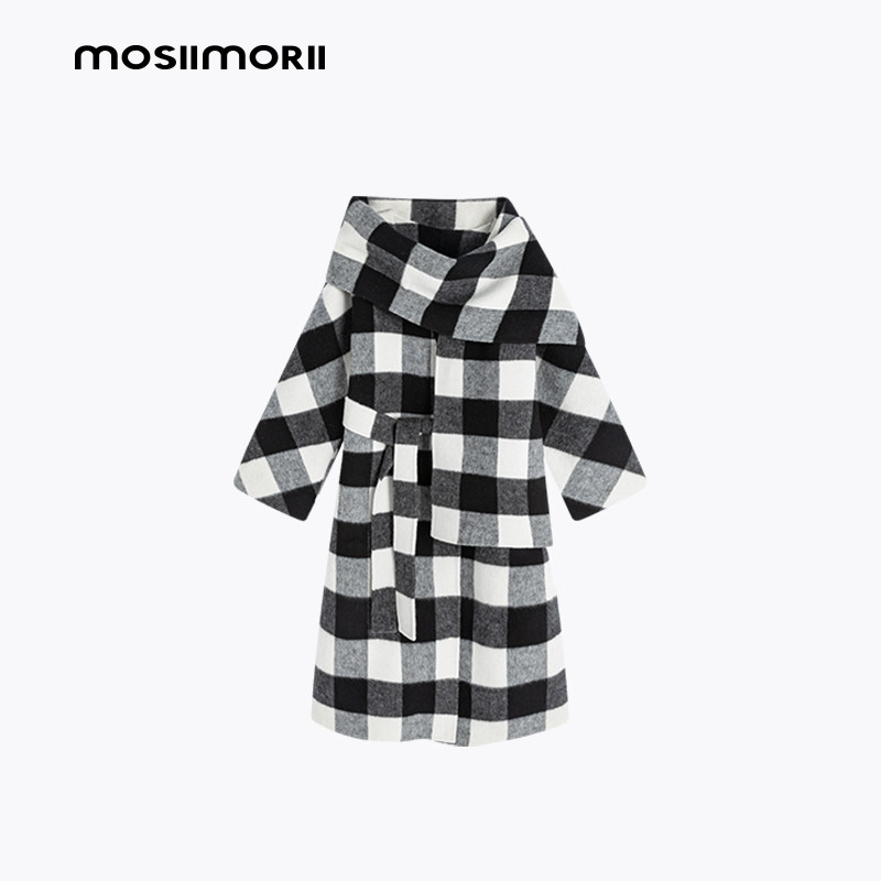 MOSIIMORII中长款毛呢外套女秋冬2026新款黑白格子设计感羊毛大衣