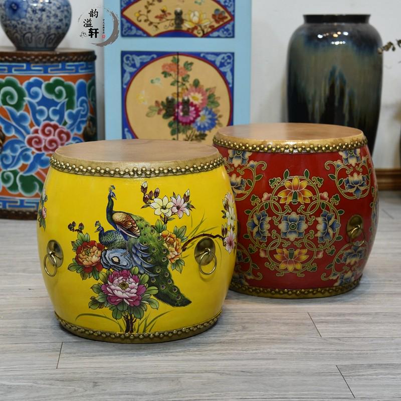 现代中式鼓凳复古实木牛皮彩绘客厅凳子沙发茶台圆凳换鞋凳古筝