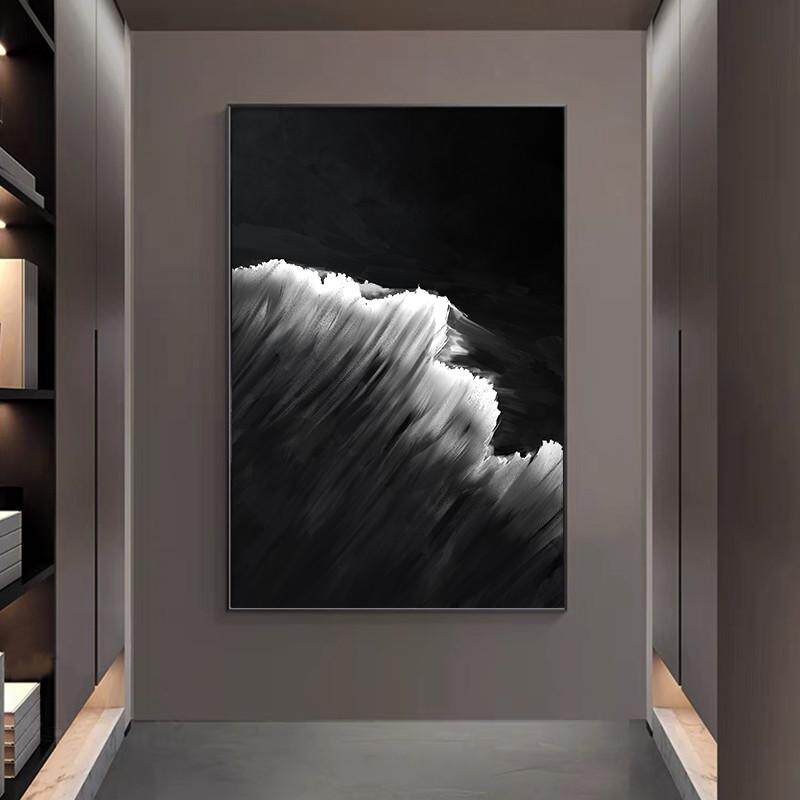 黑白客厅挂画抽象肌理入户玄关画油画装饰画现代简约轻奢沙发壁画