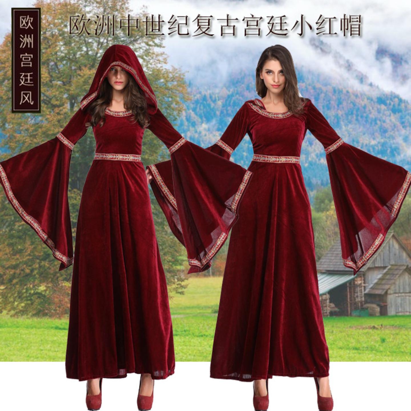 中世纪万圣节服装 维多利亚时代服装连衣裙 文艺复兴酒红色连衣裙