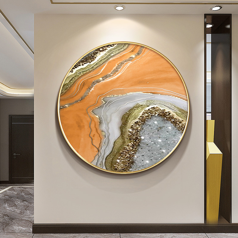 橙色手绘油画圆形装饰画轻奢玄关装饰简约客厅餐厅背景墙挂画图片