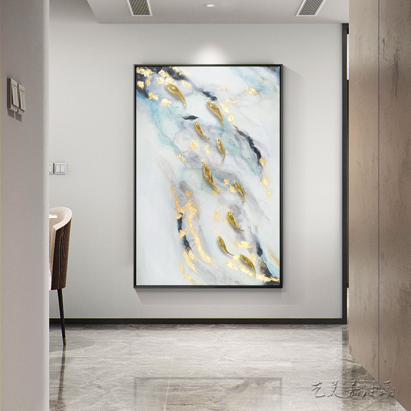 手绘油画客厅挂画九鱼图立体实物抽象金箔轻奢玄关装饰走廊图片