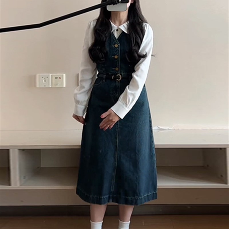 速发大码学院风复古牛仔连衣裙新款收腰宽松小众背带裙