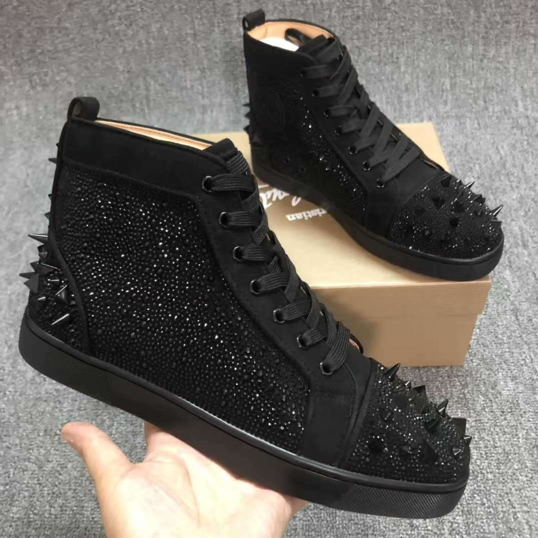 2025新款CL高帮水钻男鞋黑钻红底鞋情侣款真皮满钻女鞋白钻板鞋