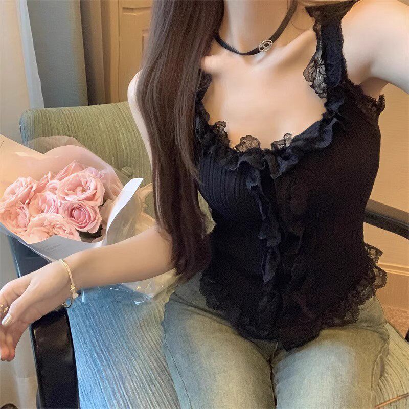 高货甜辣妹蕾丝针织吊带背心内搭独特别致纯欲性感小众外穿短款上