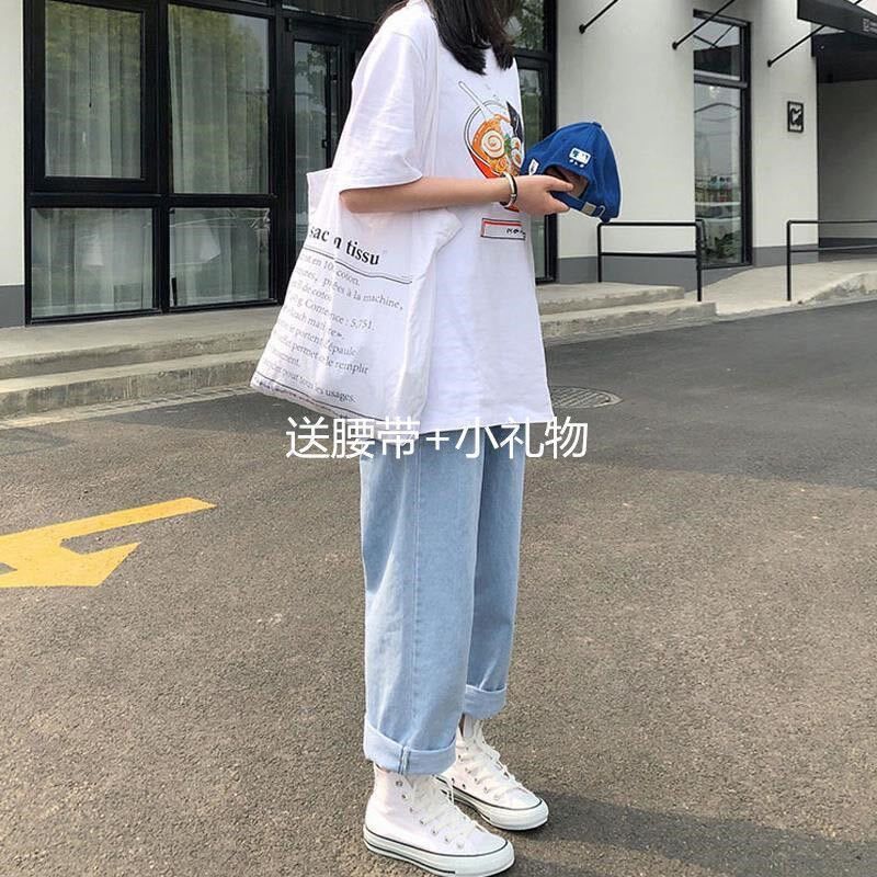 现货速发春秋新款韩版港味复古高腰宽松直筒阔腿卷边百搭牛仔裤学