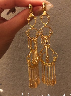 现货ljw毒家自制 水滴长款流苏坠片片耳夹耳坠欧美气质黄铜链条圈