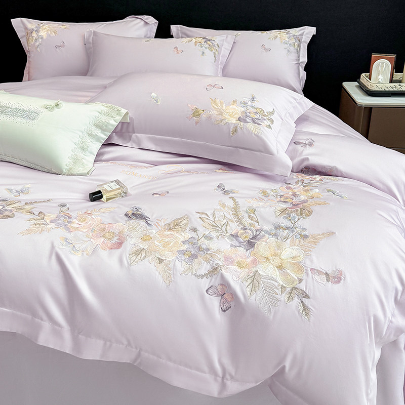 轻奢风A类200支长绒棉四件套全棉花卉刺绣被套床单纯棉床上用品