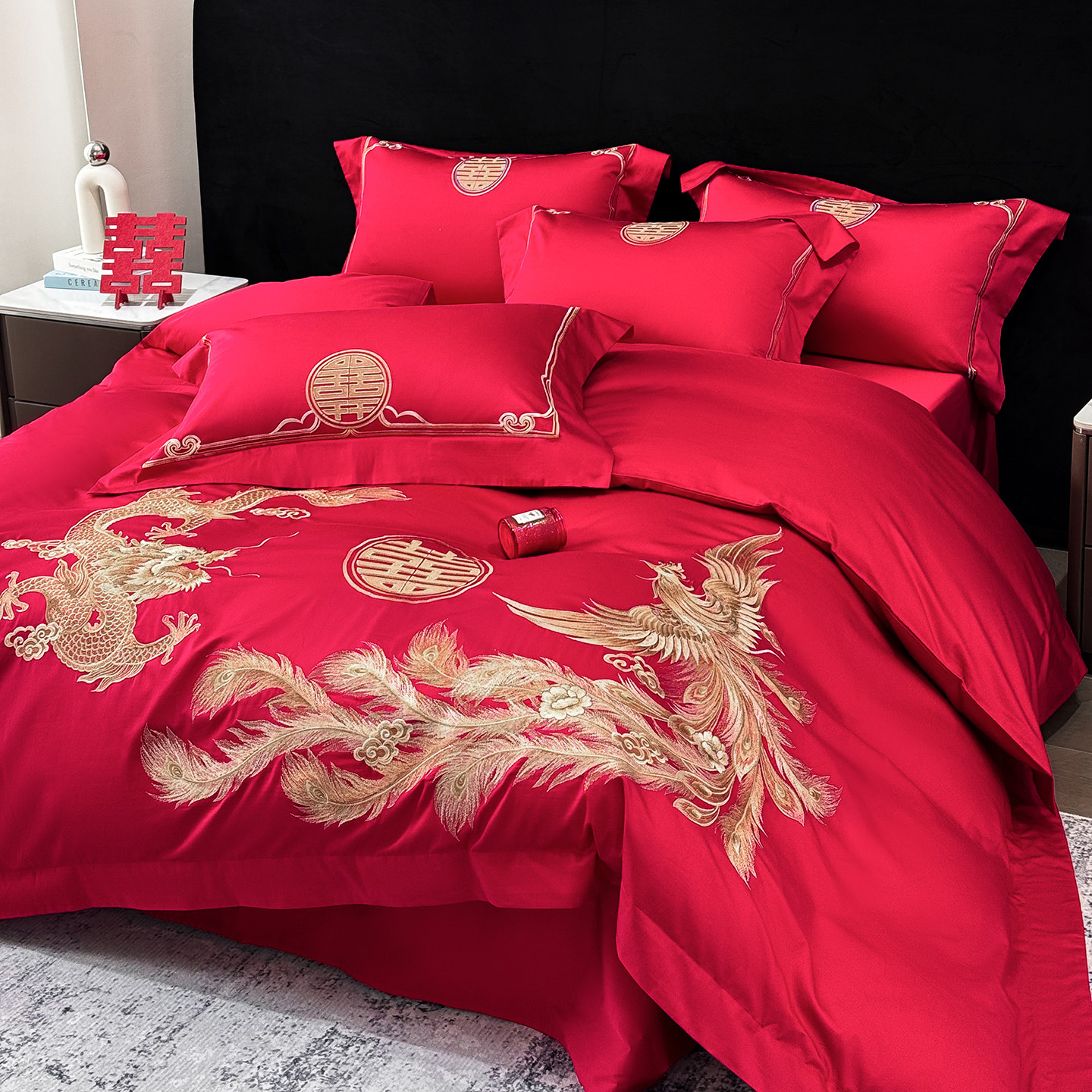 新中式全棉婚庆四件套大红色高档龙凤刺绣被套结婚新房床上用品