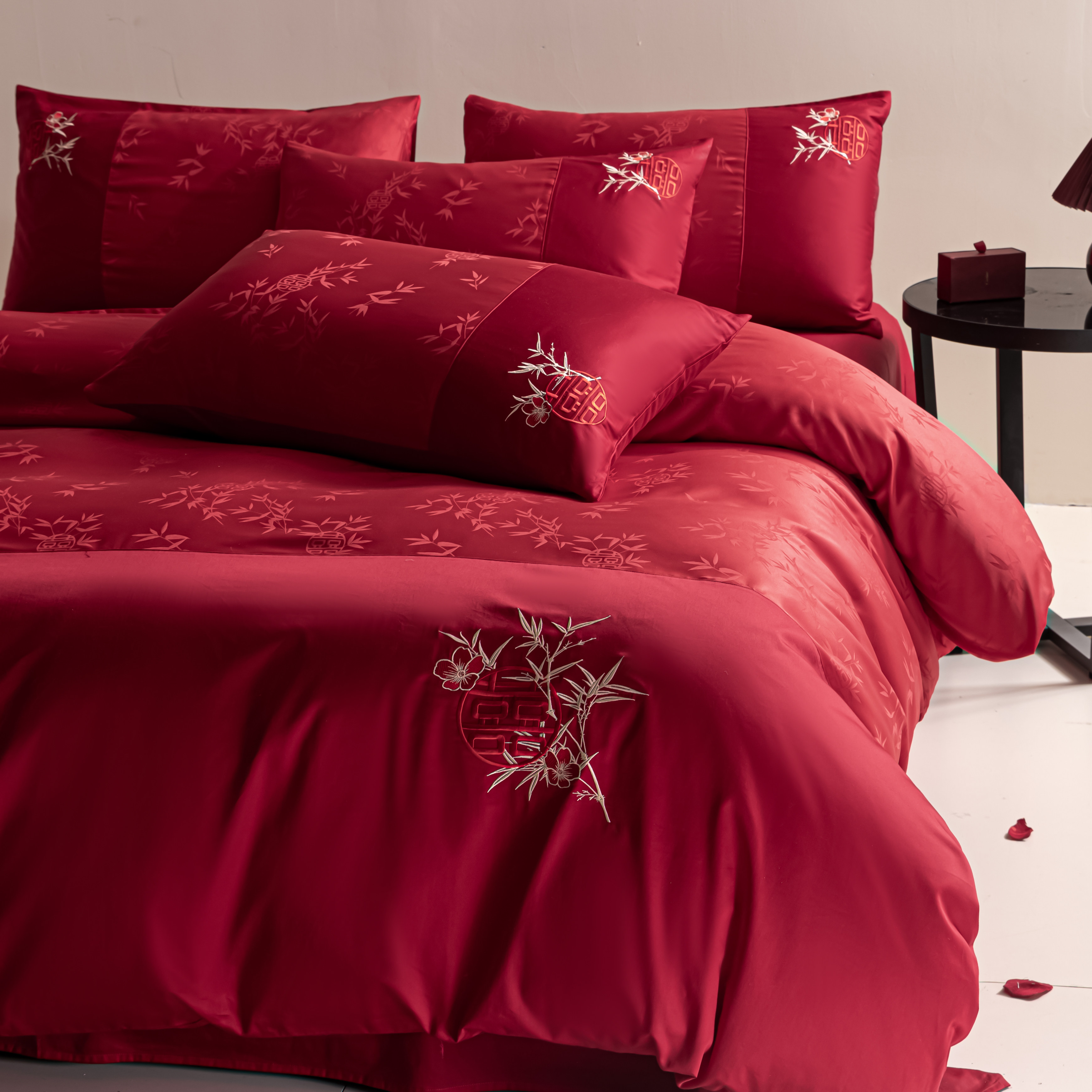 高级感全棉提花结婚四件套纯棉大红色婚庆床单被套婚床床上用品