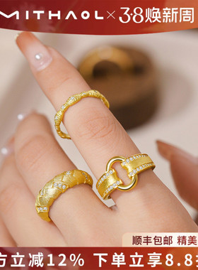 中古拉丝元宝戒指女轻奢小众高级感2025新款复古指环925银镀18K金