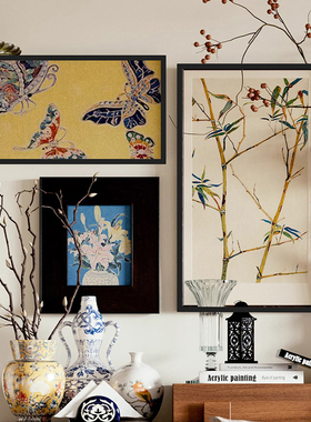 法式中古风中国风竹子组合装饰摆件画客厅玄关走廊背景墙壁摆挂画