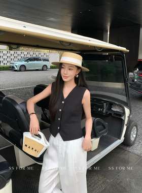 SS for me 静奢格调 小香风v领背心马甲女法式纹理感无袖马夹上衣