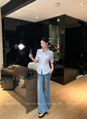 SS for me 腿精担当 设计感高腰微喇牛仔裤女修身显瘦马蹄喇叭裤