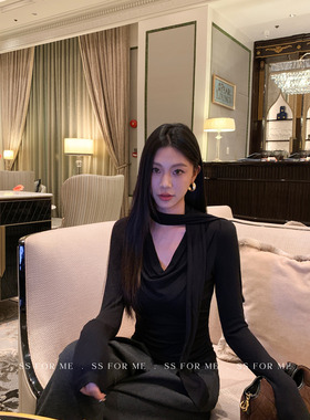 SS for me 暮色垂影 挂脖飘带荡领长袖T恤女气质修身收腰短款上衣