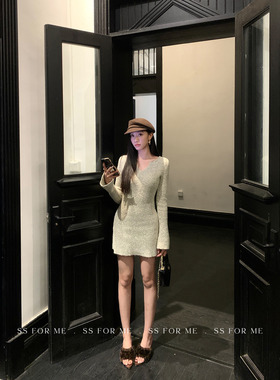 SS for me 法国曲调 气质V领长袖针织连衣裙女修身收腰包臀短裙