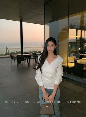 SS for me 柏林蓝调 法式优雅交叉V领衬衫女气质通勤收腰衬衣小衫