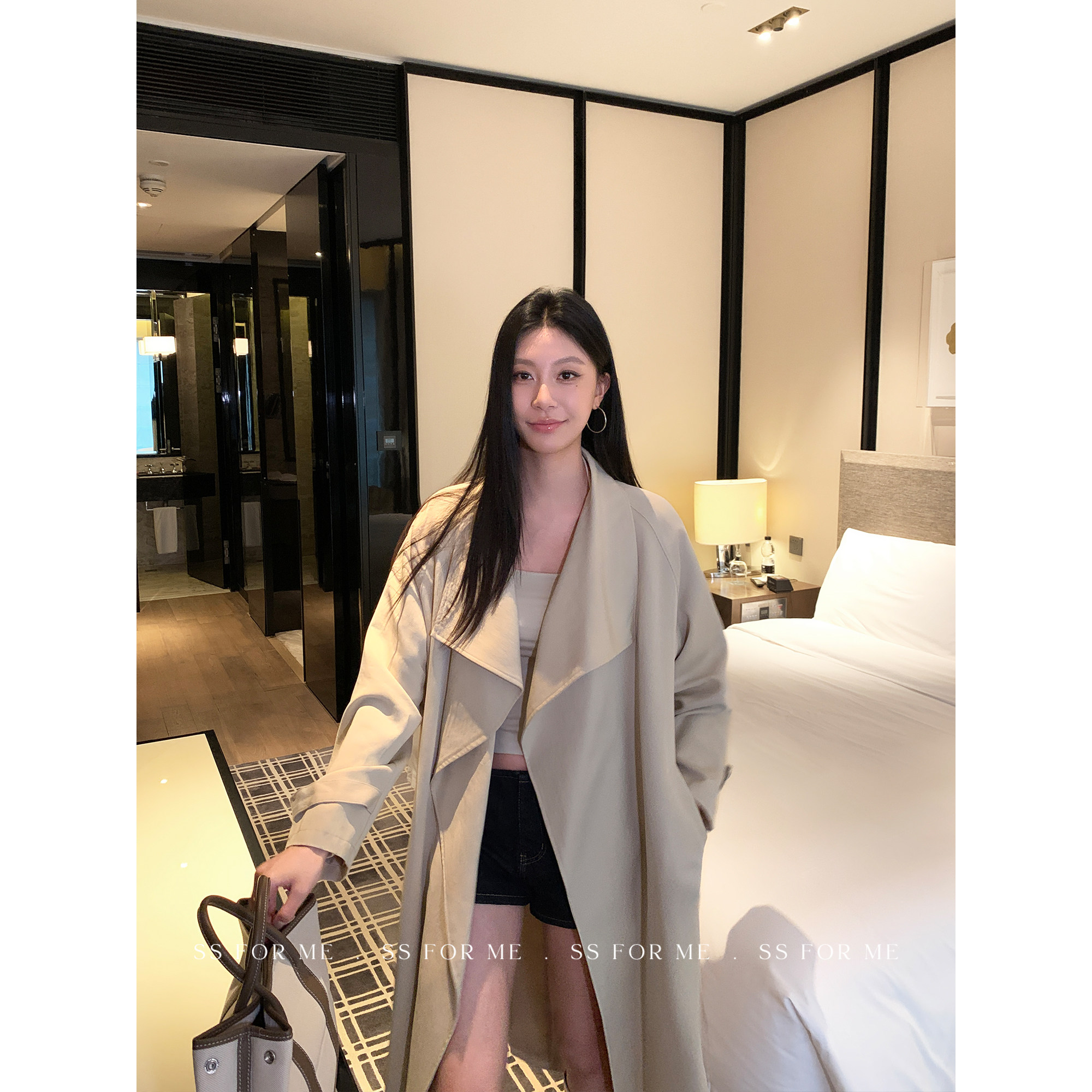 复古宽松翻领廓形长款风衣外套