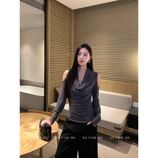 for 荡领镂空长袖 法式 T恤女优雅收腰显瘦露肩上衣 氛围密码