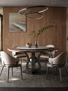 现代简约胡桃木餐桌家用客厅高级感带转盘极简大气新款 大理石圆桌