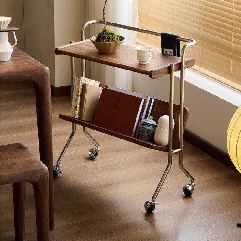 中古小推车实木边几客厅茶几沙发移动推车胡桃木置物架复古书架子