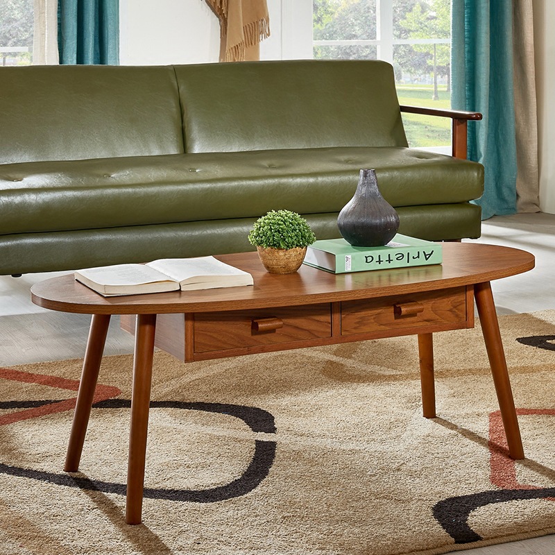 日式简约小户型客厅实木驼圆形茶几原木茶几北欧带抽屉储物胡桃色