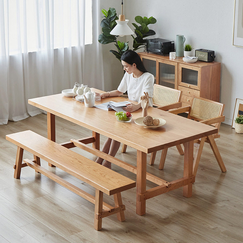 北欧全实木餐桌椅组合樱桃木长条桌凳日式大板桌子家用原木工作台