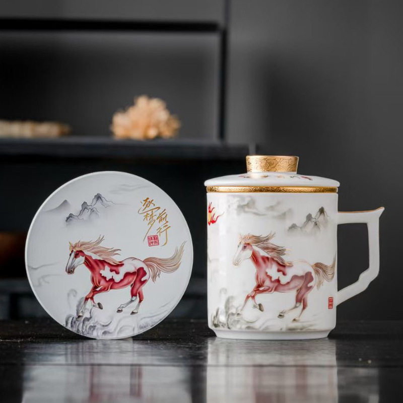 高端国潮描金羊脂玉陶瓷茶杯带盖过滤水杯办公杯马克杯办公室泡茶