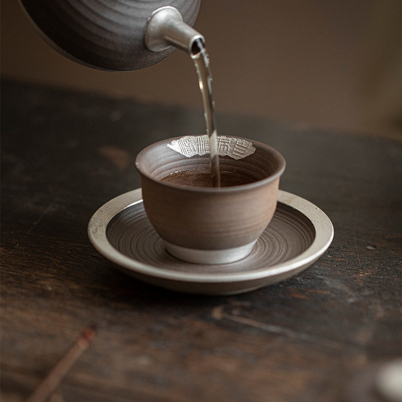 复古粗陶茶杯日式手工复古中式茶碗鎏银主人杯单杯功夫品茗主杯