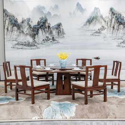现代新中式餐桌椅组合全实木小乌金木一桌六椅圆餐台转盘家用饭桌