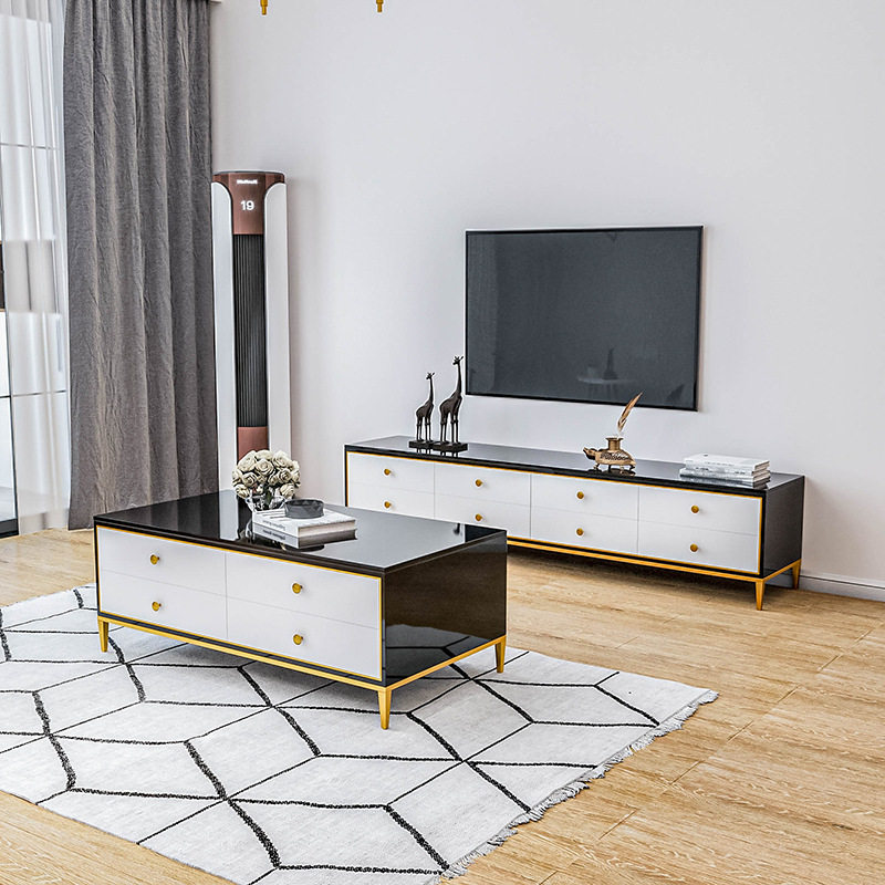 小户型客厅简约方形茶几 黑白烤漆带抽屉电视柜茶几组合厂家直销