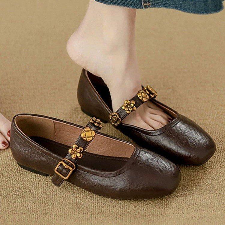 法式单鞋女2025年新品软皮软底平底芭蕾圆头金扣豆豆鞋温柔复古棕,女鞋,浅口单鞋,淘宝优惠券,粉丝福利购,淘宝优惠卷