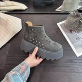 厚增高短靴女2026夏季 厚底松糕棕色大黄靴网面镂空透气小个子 新款