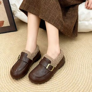 复古法式2025新款皮带扣加绒乐福鞋女平底一脚蹬保暖棉鞋外穿休闲