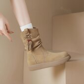 瘦瘦靴绒面中筒靴平跟软底时装 复古风流苏堆堆靴女2025冬季 新款 靴