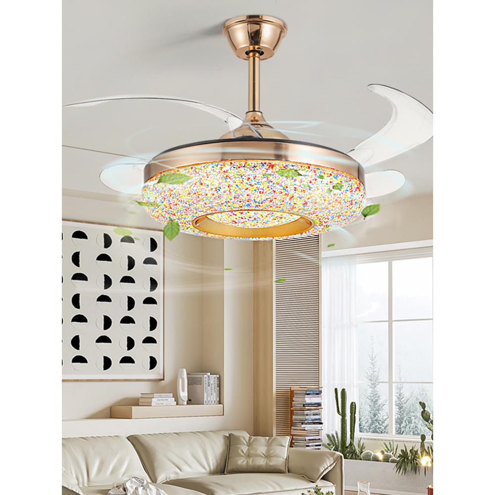 多彩水晶石隐形风扇灯家用客厅卧室餐厅餐饮商用火锅店变频吊扇灯