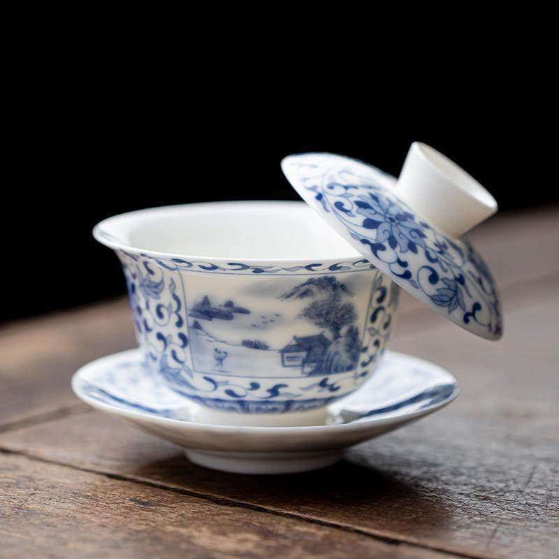 青花羊脂玉白瓷三才盖碗悬停旋转单个高档泡茶碗茶杯陶瓷功夫茶具,餐饮具,盖碗,淘宝优惠券,粉丝福利购,淘宝优惠卷