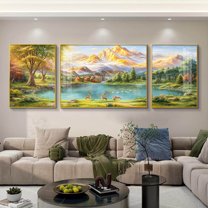 聚宝盆山水客厅装饰画2025新款轻奢高级感沙发背景墙挂画三联壁画