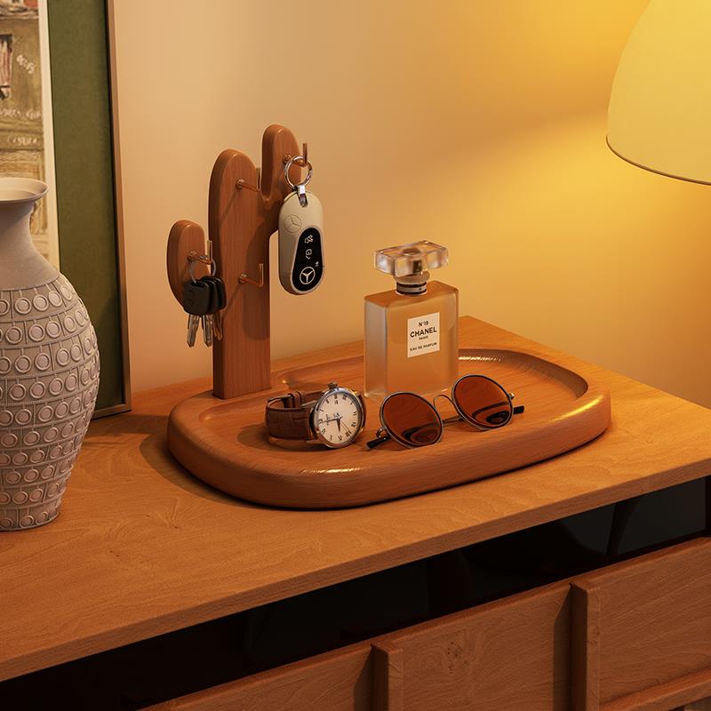 钥匙收纳玄关摆件边柜装饰桌面置物架中式复古风入户门口桌面托盘