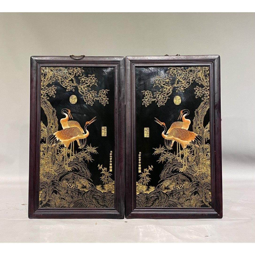 郎世宁作品红实木框镶红底瓷板画掐金丝松鹤延年中堂挂屏风装饰画,家居饰品,瓷板画,淘宝优惠券,粉丝福利购,淘宝优惠卷