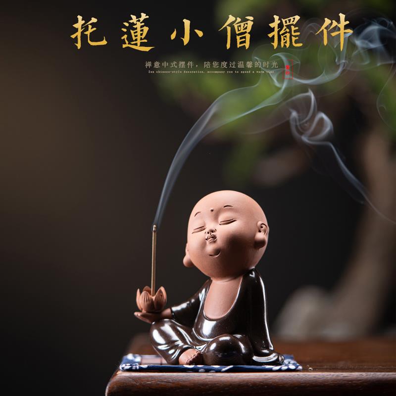 禅意紫砂小和尚精品可养茶宠茶道茶桌装饰陶瓷香道线香炉香座摆件