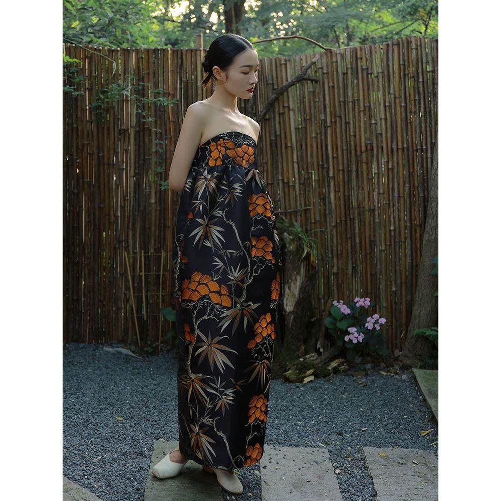 小鹿弥雅《松》原创古绸提花新中式抹胸旗袍度假裙晨袍写真礼服夏