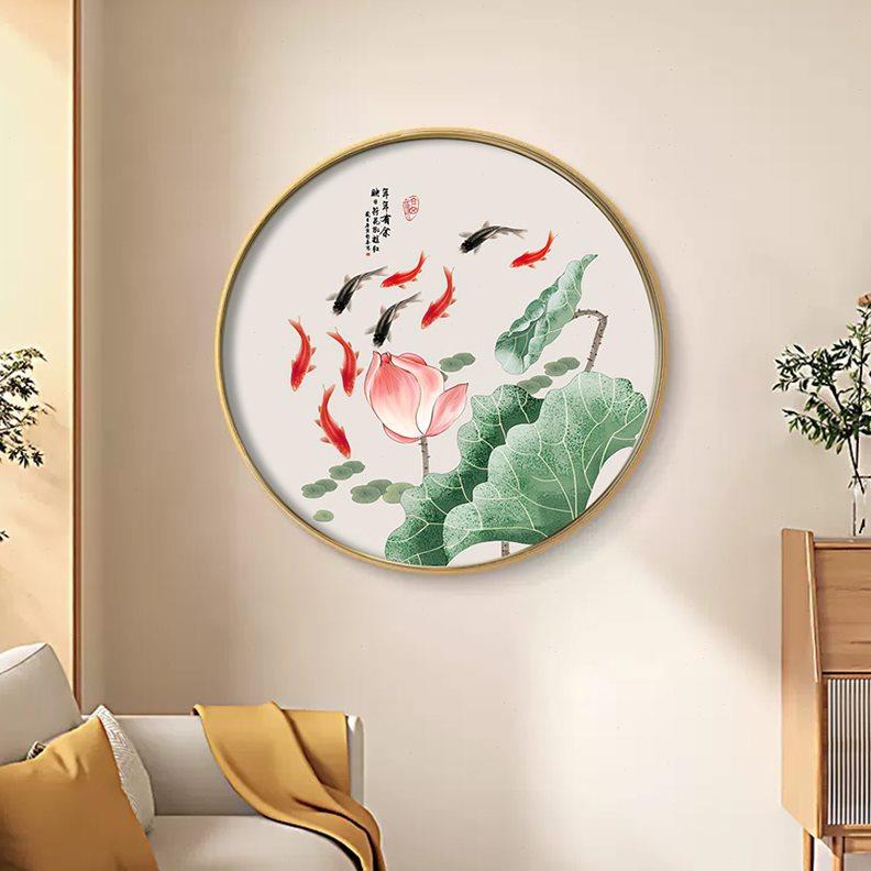圆形餐厅钻石绣贴十字绣5d钻石画满钻新款客厅2024荷花九鱼图中式