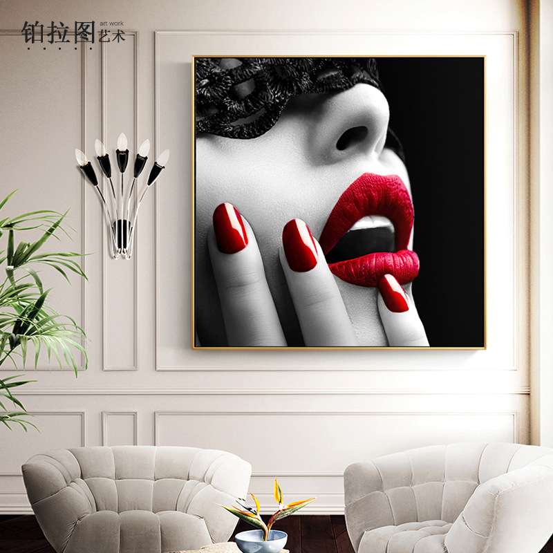 抽象人物客厅装饰画正方形挂画现代个性时尚艺术玄关走廊红唇壁画图片