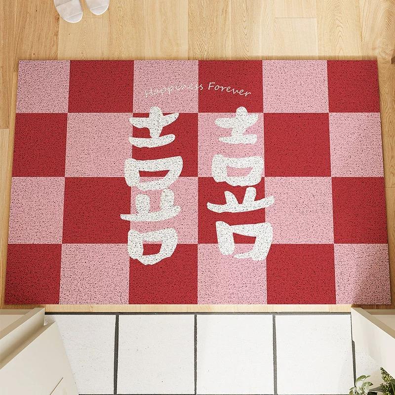 结婚用品喜庆入户门丝圈地垫红色玄关除尘家用可裁剪防滑门垫免洗